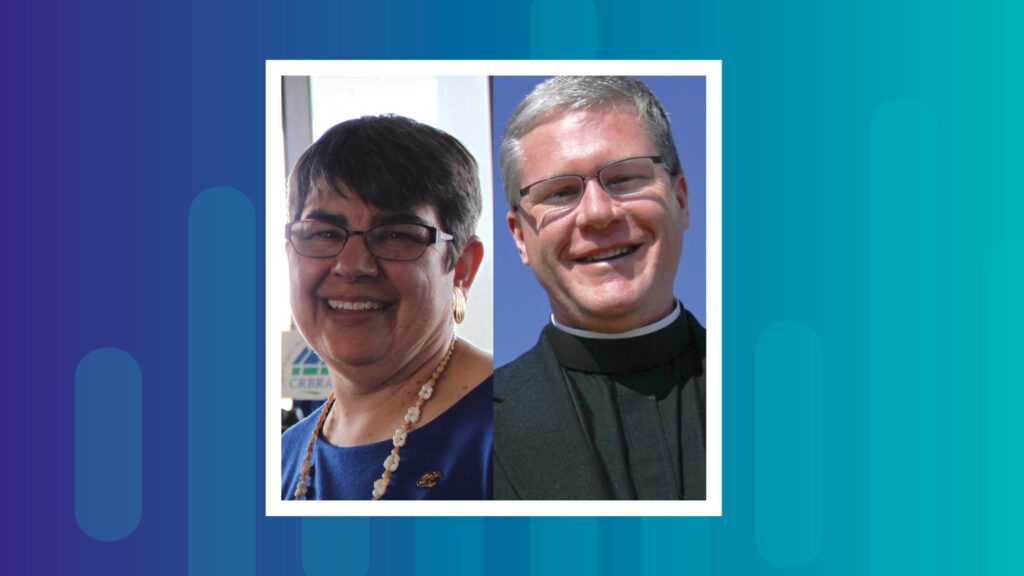 Headshots of . Sister Betsy Van Deusen, director of community partnerships at Catholic Charities of the Diocese of Albany, and Deacon Kevin Sartorius, CEO of Catholic Charities Eastern Oklahoma.
