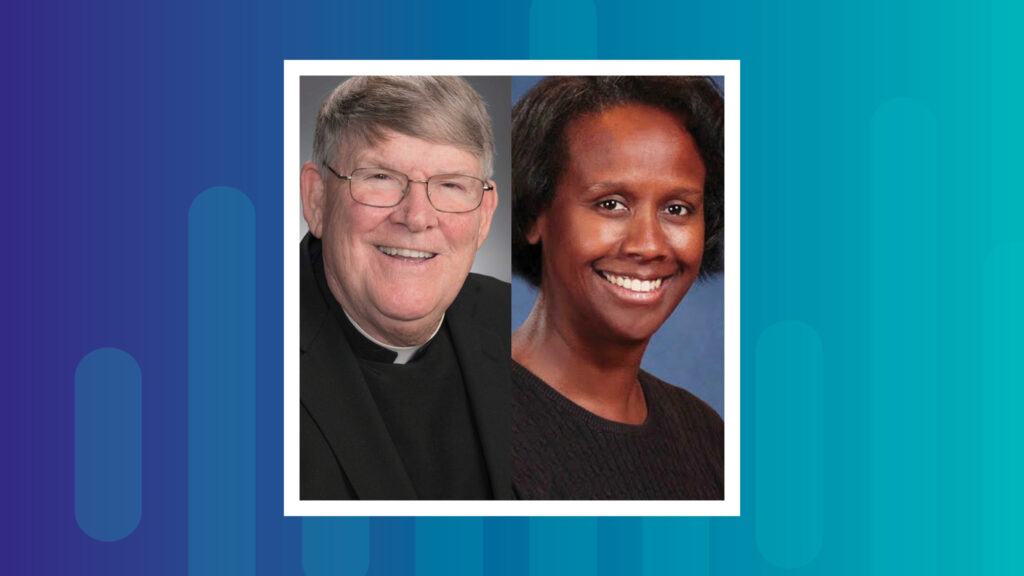 Headshots of Msgr. John Enzler, then-president and CEO of Catholic Charities Archdiocese of Washington, and Kim Mazyck, then-senior manager, Social Policy, Catholic Charities USA.