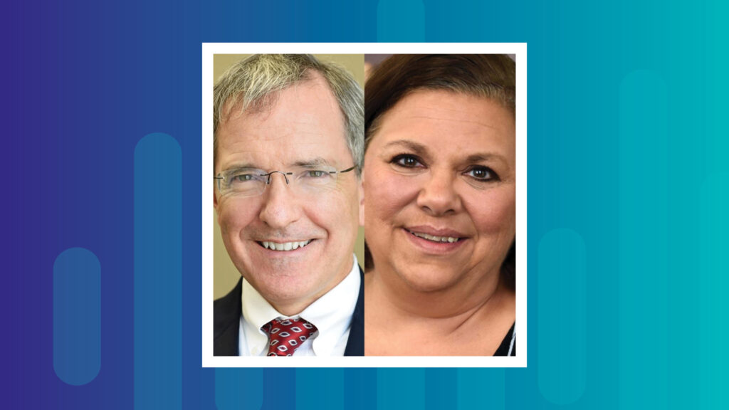 Two headshots, of Scott Hurd, CCUSA's Vice President of Leadership Development & Catholic Identity, and Kim Burgo, CCUSA's Vice President of Disaster Operations. Both are smiling and look friendly.